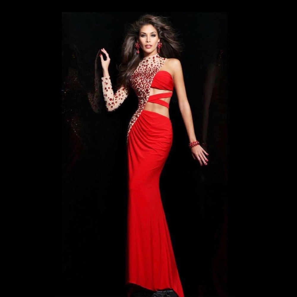 Sherri Hill Red One-Shoulder Cutout Gown with Jeweled Illusion